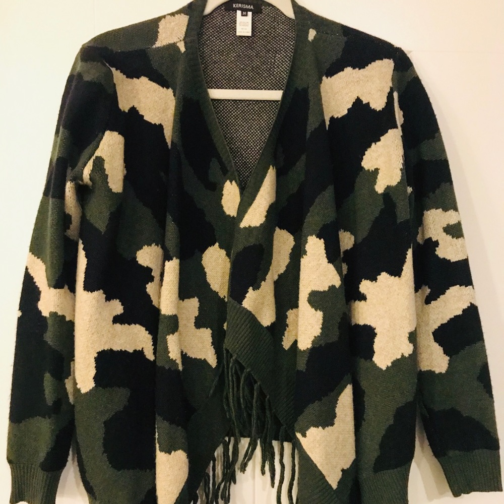 Open Fringed Camo Cardigan by Kerisma for Anthro